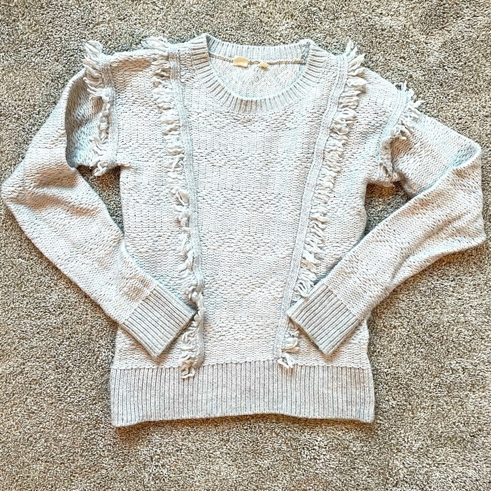 Womens Gap sweater crew neck fringe sweater solid gray size medium tall MT